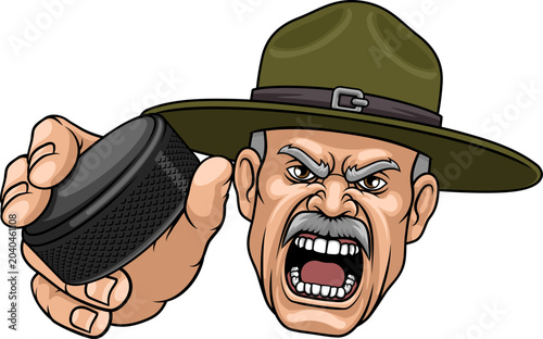 Photography An angry drill instructor or sergeant bootcamp army soldier cartoon character holding hockey puck ice hockey sports team mascot illustration