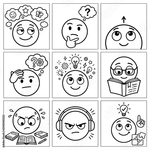 Foto Thinking faces with various expressions.