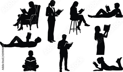 Schilderij op canvas Silhouette illustration of diverse people reading books in various postures, sym