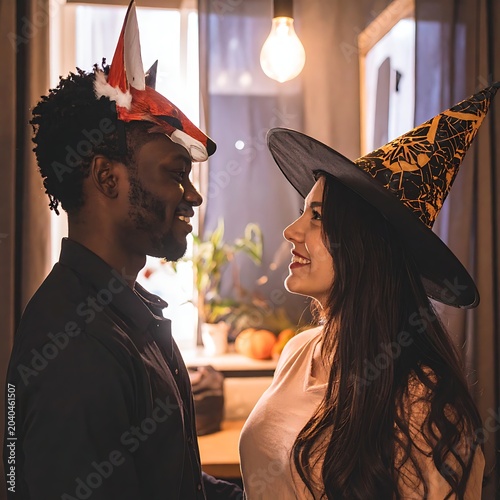 A man and woman in Halloween costumes smiling at each other indoors