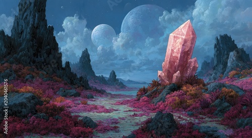 Fantasy landscape featuring a large pink crystal surrounded by vibrant pink vegetation, rocky mountains, and two moons in a starry sky at night