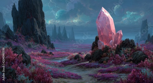 Surreal landscape featuring a large pink crystal surrounded by vibrant purple vegetation and rocky formations under a starry sky with distant planets visible