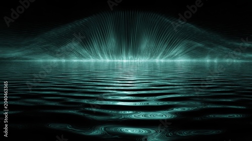 Harmonic waves of teal light expanding across a rippling water surface, a mesmerizing visual representation of energy and motion