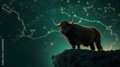 Majestic Taurus bull standing on a rocky cliff under glowing cosmic constellations, ultra realistic fur texture, powerful horns, deep emerald and gold color palette