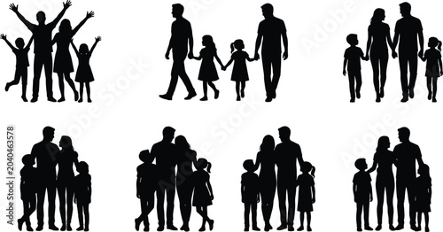 Fotografía Silhouette illustration of families standing, walking, and raising arms together
