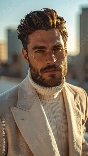 A man in a beige jacket and turtleneck sweater