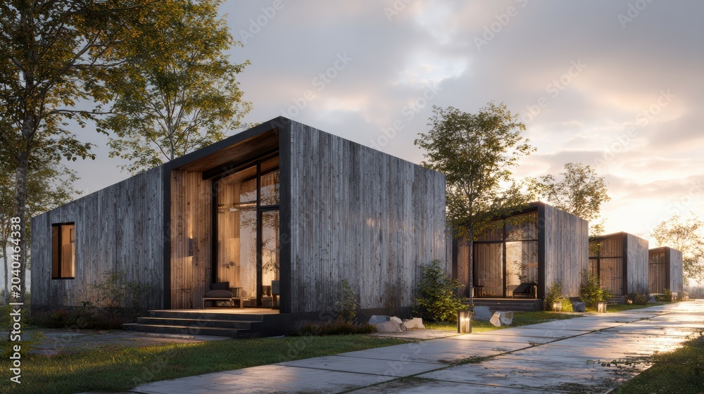 Fototapeta premium Modern wooden cabins in a serene natural setting during dusk with warm interior lighting and a cloudy sky.