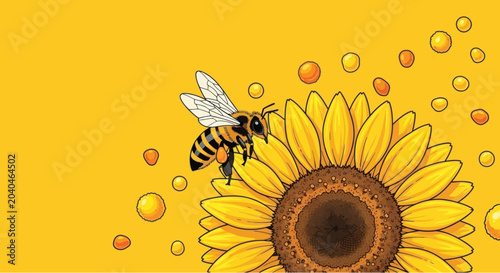 фотографія Vector illustration of a bee on a sunflower with honey drops, graphic element