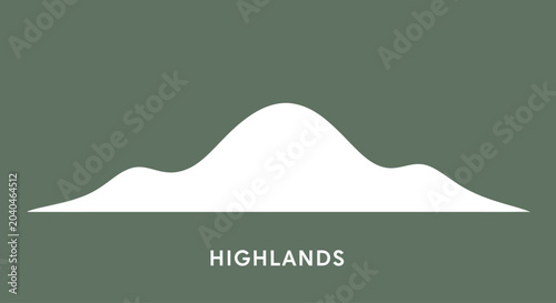 Graphic silhouette of rolling highlands against a muted green backdrop, simple flat design.