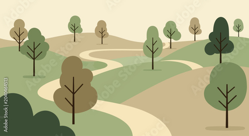 Stylized landscape with winding paths and trees in muted earth tones, vector illustration