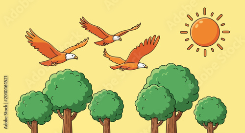 Cartoon eagles fly over trees under a bright sun, graphic element