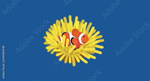 Cartoon clownfish nestled in bright yellow anemone against solid blue background, vector illustration