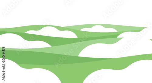 Stylized green rolling hills with white cloud shapes, landscape vector illustration