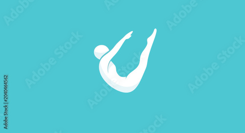 Diver performing acrobatic move in mid-air, flat vector illustration on turquoise background.