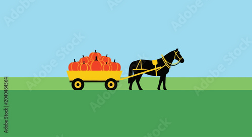 Flat design horse pulling wagon of pumpkins, autumn harvest graphic element