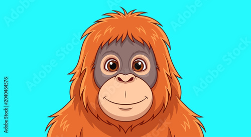 Cute cartoon orangutan character smiling against a bright blue background, vector illustration