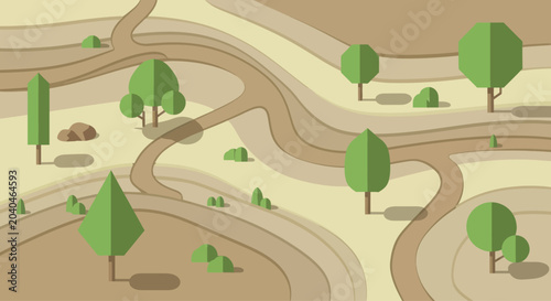Flat design landscape with winding paths and stylized trees, graphic element for nature themes