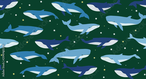 Cartoon whale pattern with stars on dark green background, seamless repeating vector illustration