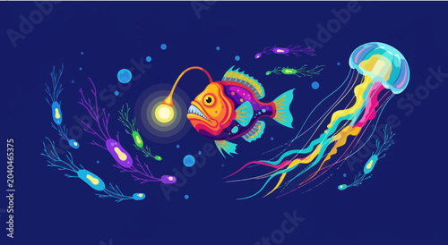 Foto Deep sea anglerfish with bioluminescent lure swims with colorful jellyfish and plankton in dark ocean depths, vector illustration