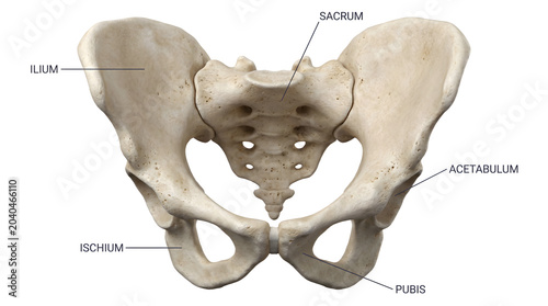 Detailed 3D illustration of human pelvis, anterior view, showcasing sacrum, ilium, ischium, and pubis bones for medical and educational purposes