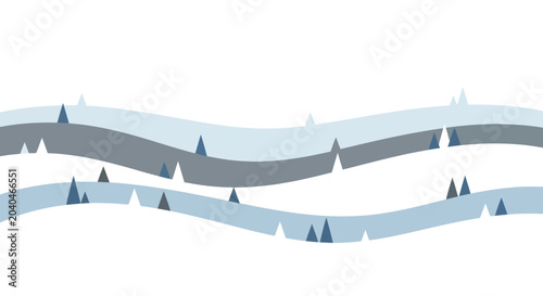 Vászonkép Winter landscape with stylized evergreen trees on undulating hills in cool blue