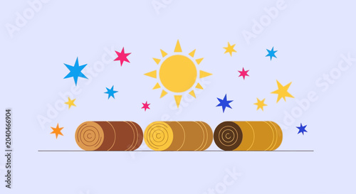 Quadro em tela Flat design hay bales under stylized sun and stars, country farm graphic element