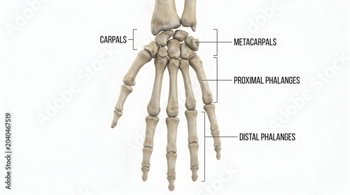 Conceptual anatomical illustration of the human hand skeleton, meticulously depicting the arrangement of carpal, metacarpal, and phalangeal bones for educational purposes