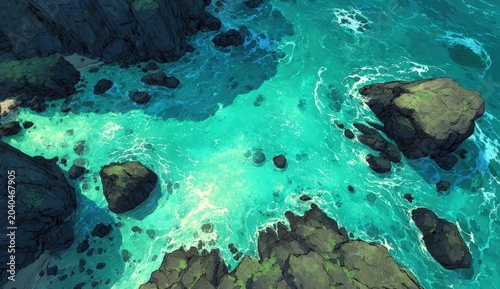 Aerial view of rocky coastline with turquoise water and waves crashing against boulders, showcasing vibrant marine environment and natural textures