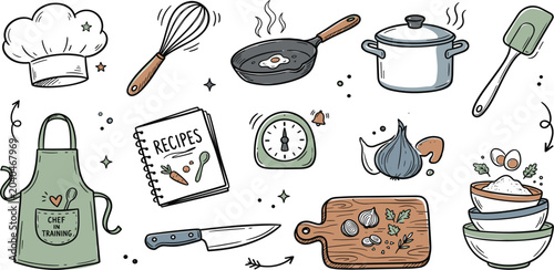 Hand Drawn Kitchen Cookware and Cooking Utensils Doodle Vector Set Featuring Chef Hat Apron Recipe Book Pots Pans and Fresh Ingredients on White Background