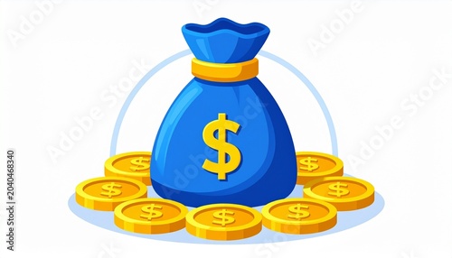Cartoon Blue Money Bag with Coins