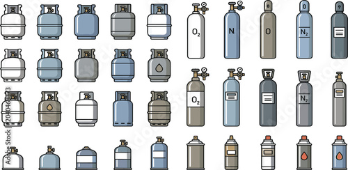 Industrial and Medical Gas Cylinder Icon Set with Propane Tanks Oxygen Nitrogen Helium and Compressed Gas Bottles Flat Line Vector Illustration