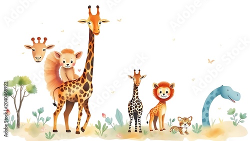 Soft pastel watercolor safari animals in a dreamy nursery wall art style with gradient background.