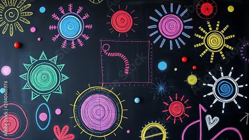 Colorful chalk art on blackboard, abstract shapes and patterns, close-up view.