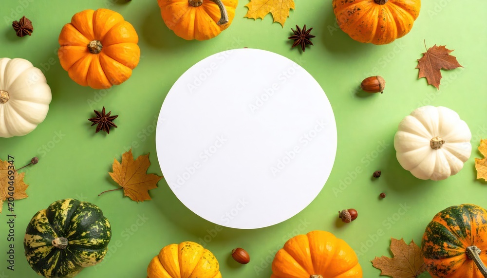 Obraz premium Autumn Pumpkins and Leaves on Green Background.