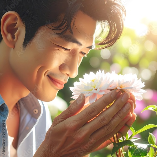 A man in a serene outdoor setting gently smells a white flower