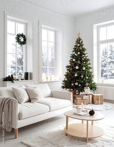 A brightly lit living room with a Christmas tree