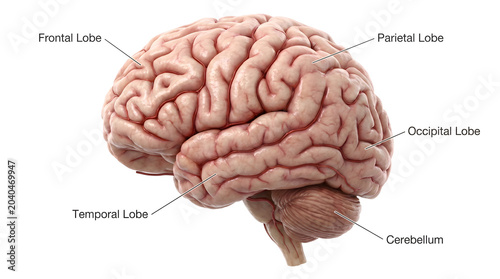 A clear, detailed anatomical illustration of the human brain highlighting its major lobes and cerebellum