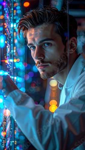 A man in a lab coat interacting with vibrant blue and colorful lights