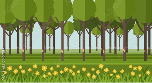 Canvastavla Flat design rubber tree plantation with yellow flowers in foreground, natural la