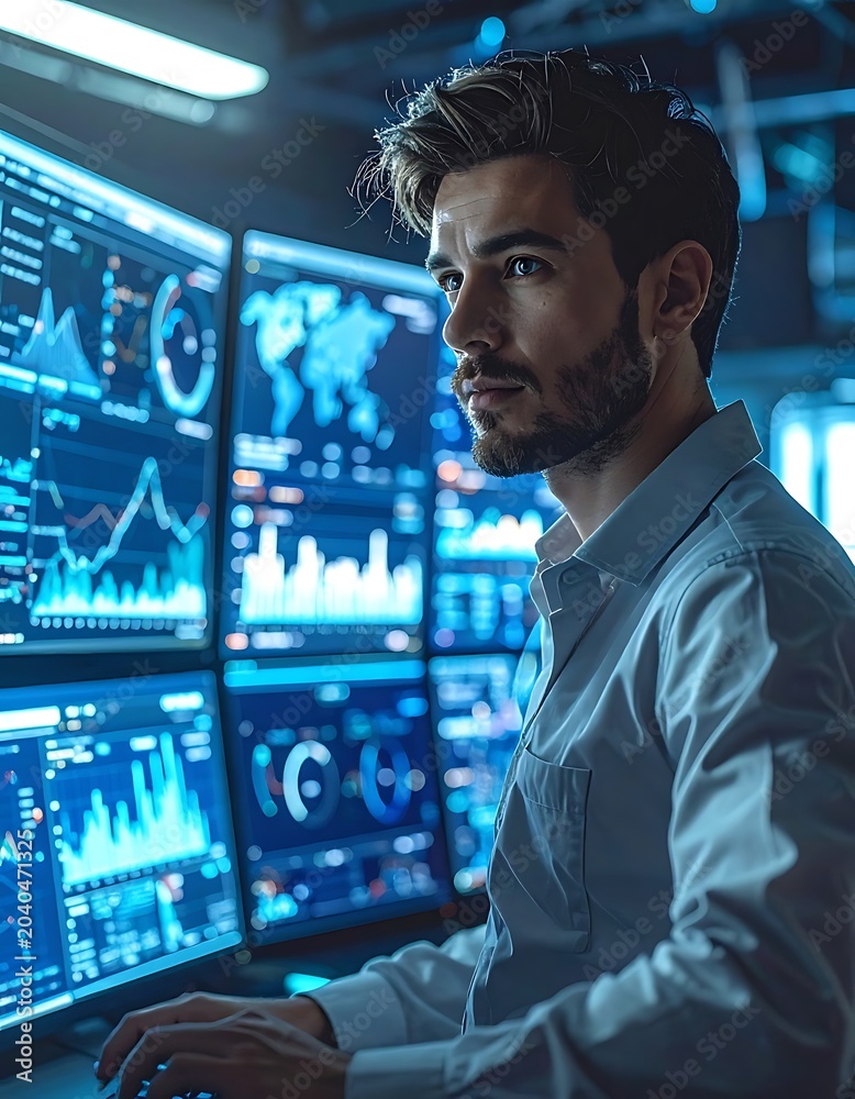 Fototapeta premium A man in a blue shirt looking at multiple computer screens displaying graphs