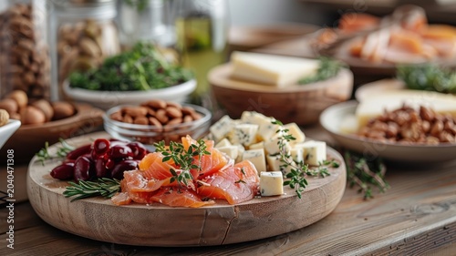 A rustic wooden table laden with various smoked delicacies.