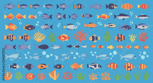 Foto Vector illustration set of various colorful cartoon fish and marine plants on a