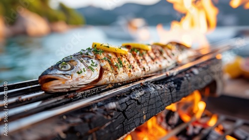 A whole fish stuffed with herbs and lemon, roasting on a spit over an open fire.