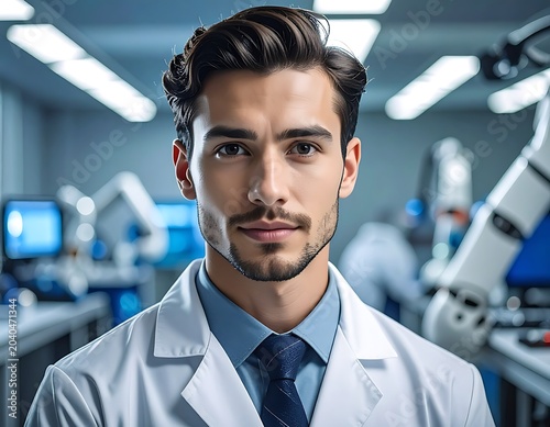 A man in a lab coat stands in a laboratory setting