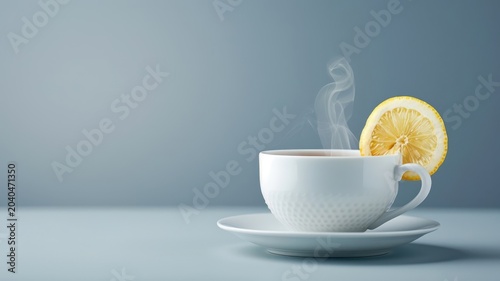 A floating teacup filled with steaming tea and a slice of lemon.
