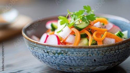 A bowl of Japanese tsukemono with pickled radishes, cucumbers, and carrots.