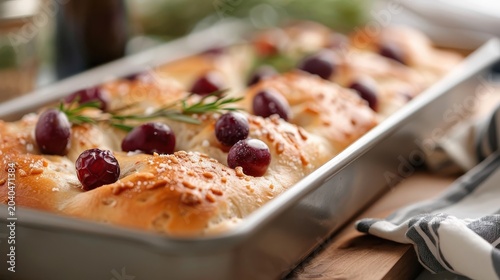 A close-up of grape focaccia bread with juicy grapes and rosemary sprigs.