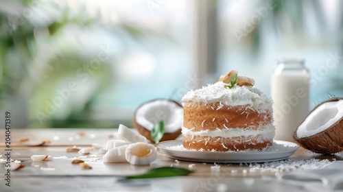 A photorealistic image of a coconut cake with coconut cream frosting.