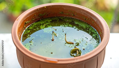 A brown pot filled with murky water