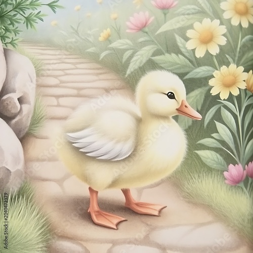Cute fluffy yellow baby duckling walking on a rustic stone garden path with duckling wildlife outdoors pastoral landscape blooming countryside feathers adorable innocent